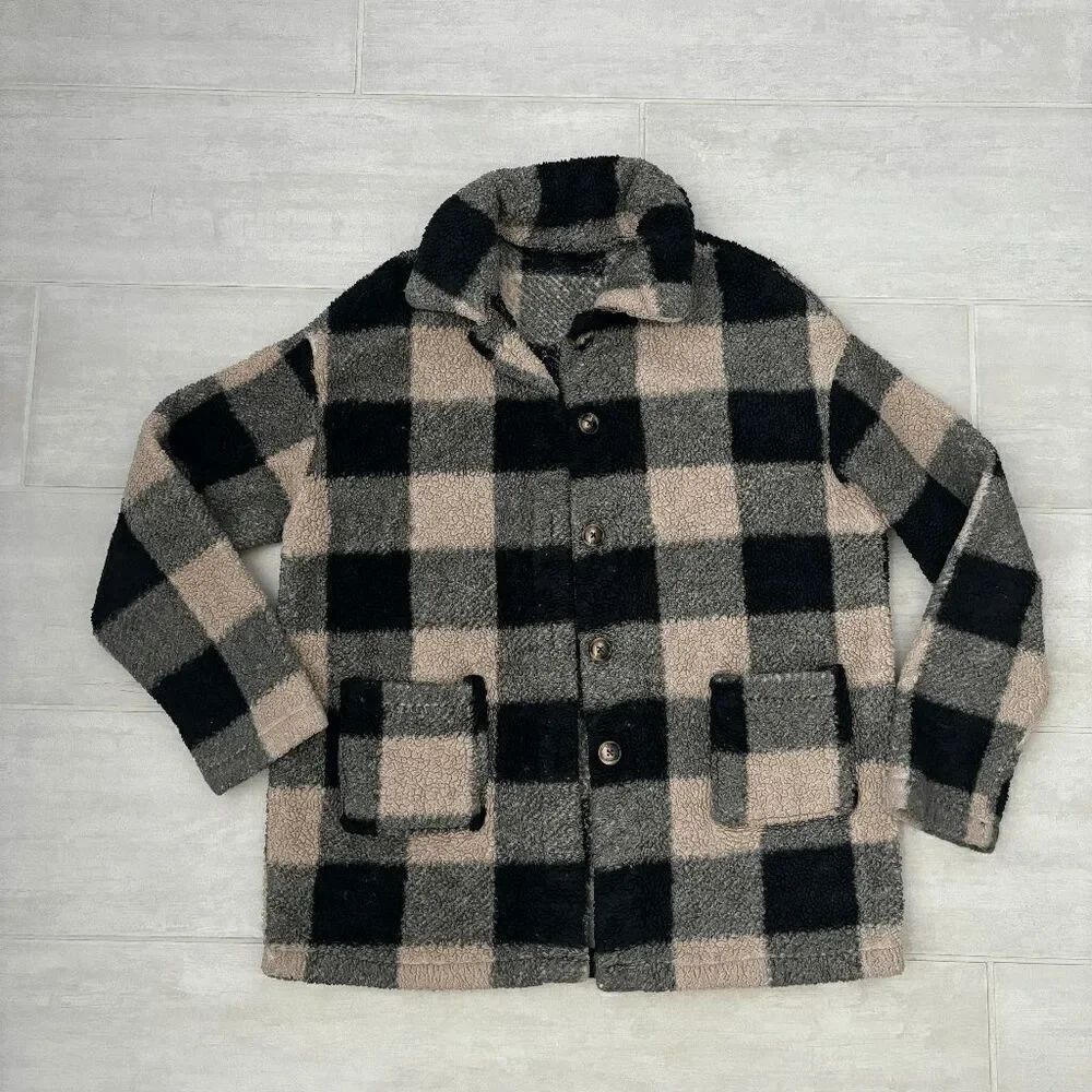 SHEIN LUNE Buffalo Plaid Pattern Drop Shoulder Teddy Coat Pink Black Fuzzy Small